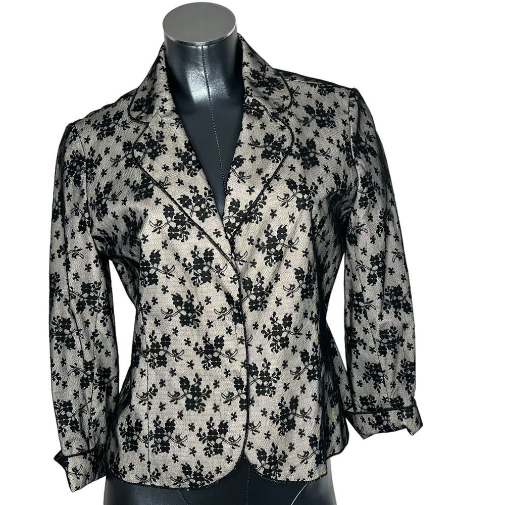 AK ANNE KLEIN Black Sheer Floral Lace Cropped Fitted Lined Blazer Jacket Size 8